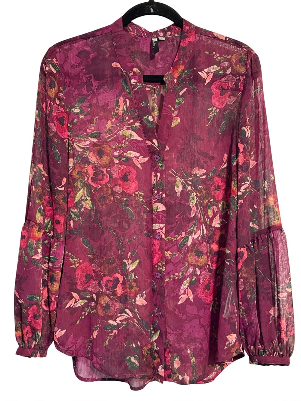 Kut From the Kloth Burgundy Floral Sheer Button Down Blouse